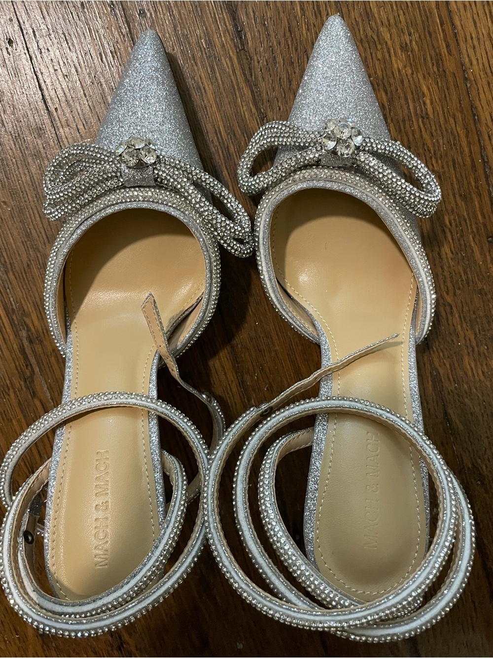 MACH & MACH INSPIRED Silver Glitter Pointed Bow Ankle-Strap Heels